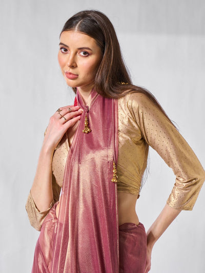 Odette Pink Net Solid Saree With Unstitched Blouse For Women