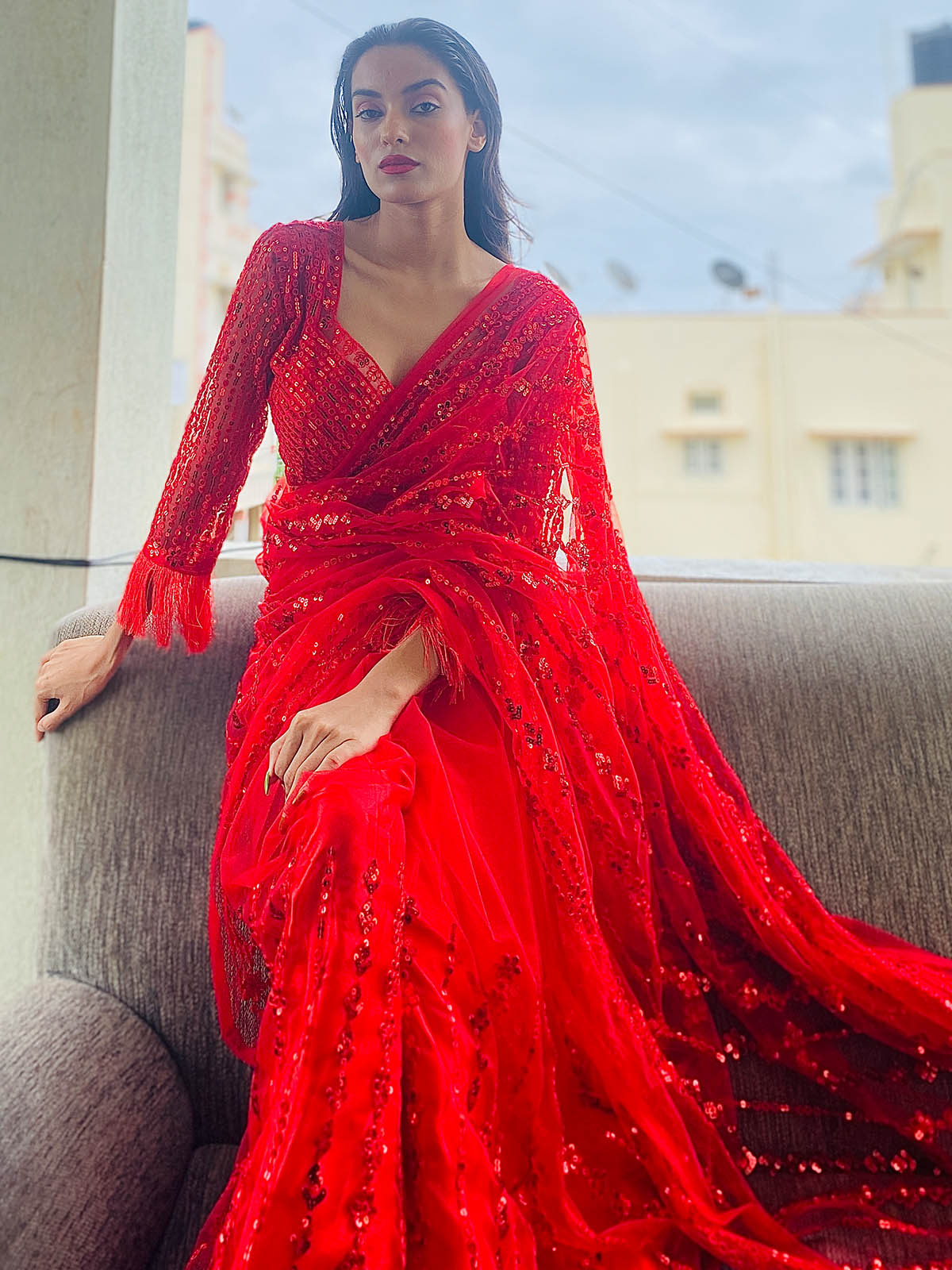 Red Sequin Ready to Wear Saree