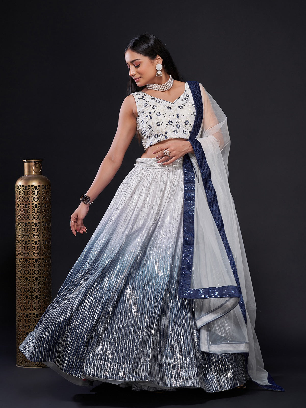 Odette Women White And Blue Georgette Sequins Semi Stitched Lehenga Ch Odette Women White And Blue Georgette Sequins Semi Stitched Lehenga Ch