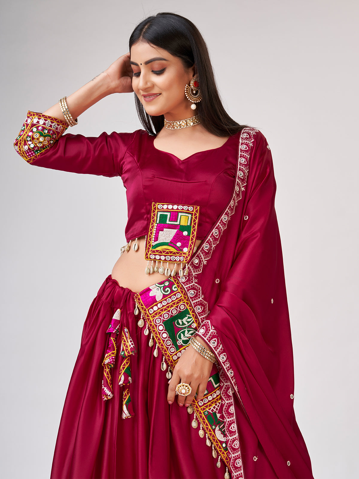 Odette Women Embroidery Pink Satin Silk Semi Stitched Lehenga With Unstitched Blouse