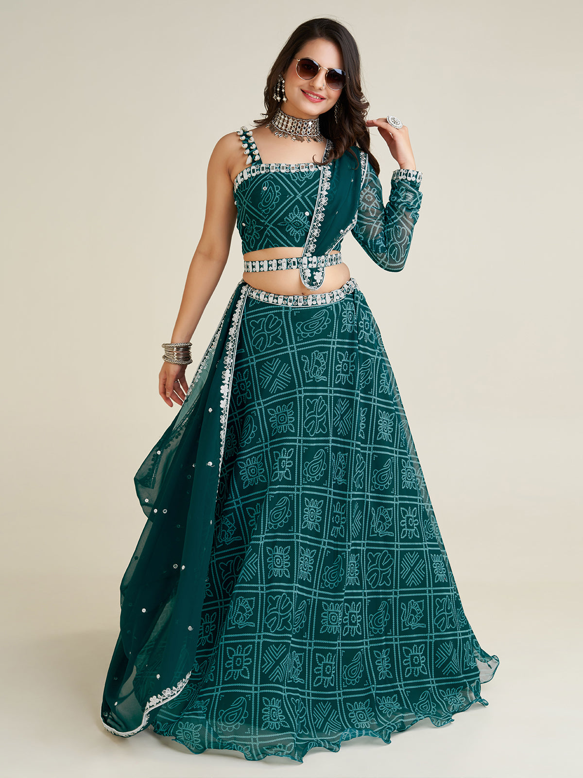 Odette Women Bottle Green Georgette Printed Semi Stitched Lehenga With Unstitched Blouse