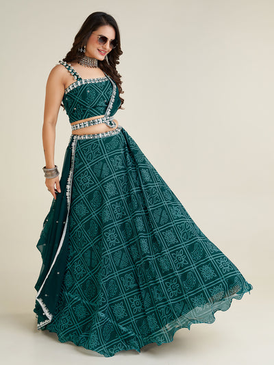 Odette Women Bottle Green Georgette Printed Semi Stitched Lehenga With Unstitched Blouse