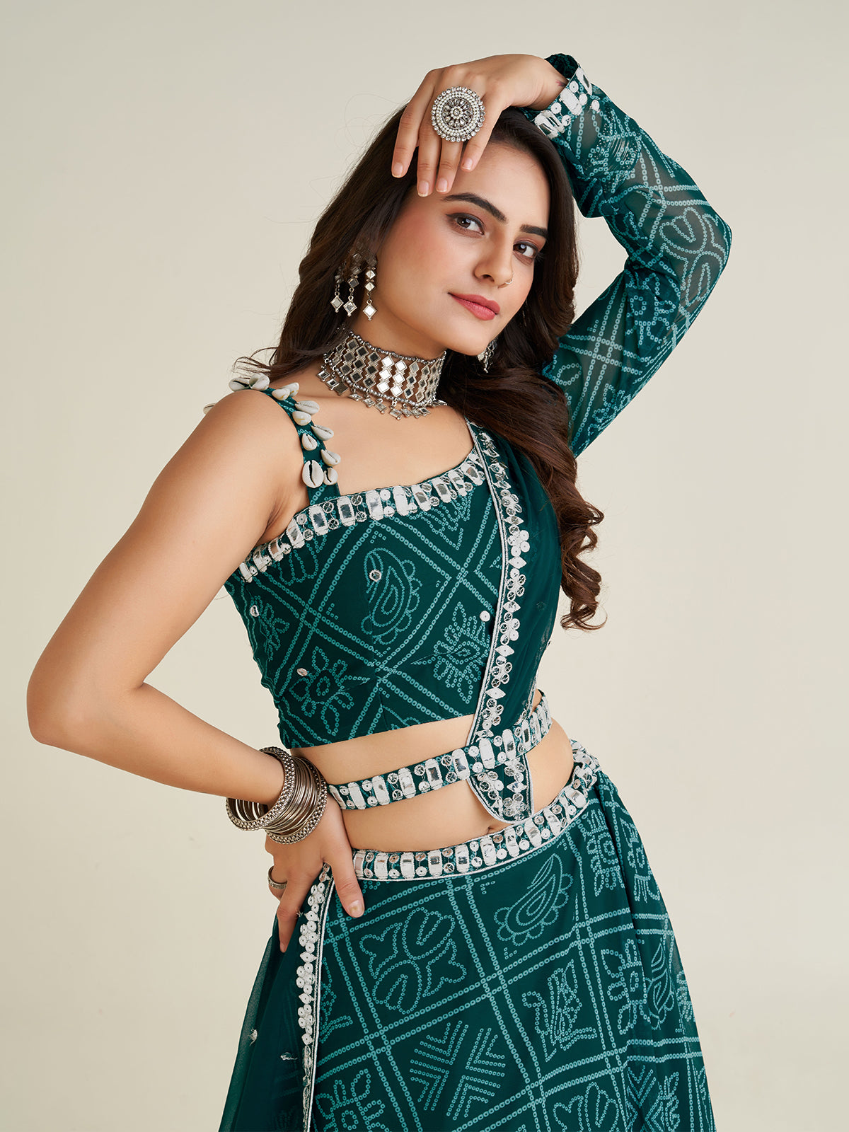 Odette Women Bottle Green Georgette Printed Semi Stitched Lehenga With Unstitched Blouse