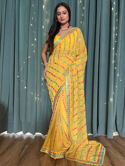 Odette Yellow Georgette Saree with unstitched Blouse for Women