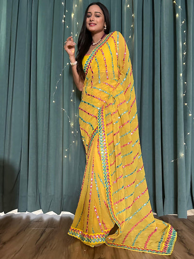 Odette Yellow Georgette Saree with unstitched Blouse for Women