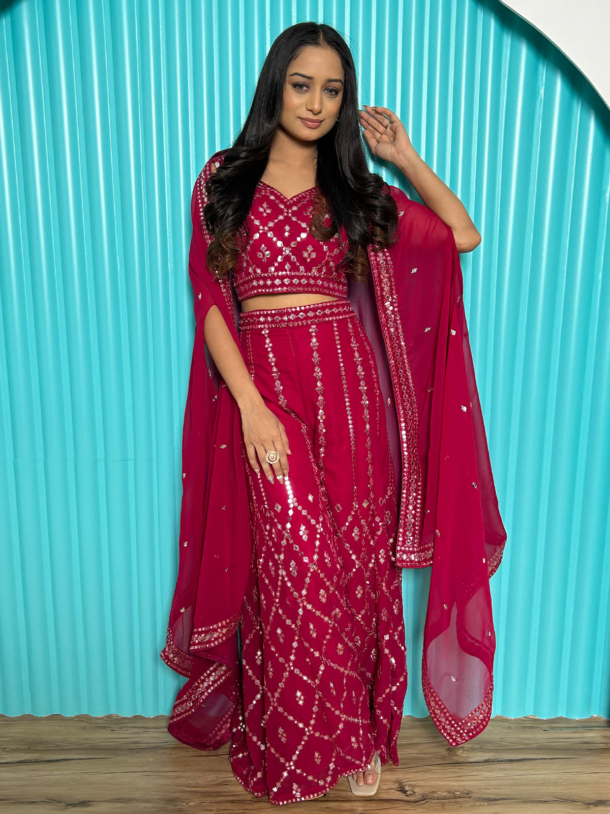 Odette Pink Georgette Stitched Co-Ord Set with Unstitched Blouse for Women