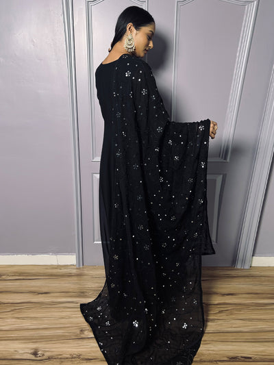 Odette Black Georgette Solid Stitched Kurta Set for Women