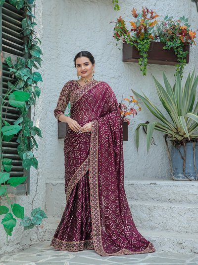 Odette Purple Georgette Saree with unstitched Blouse for Women