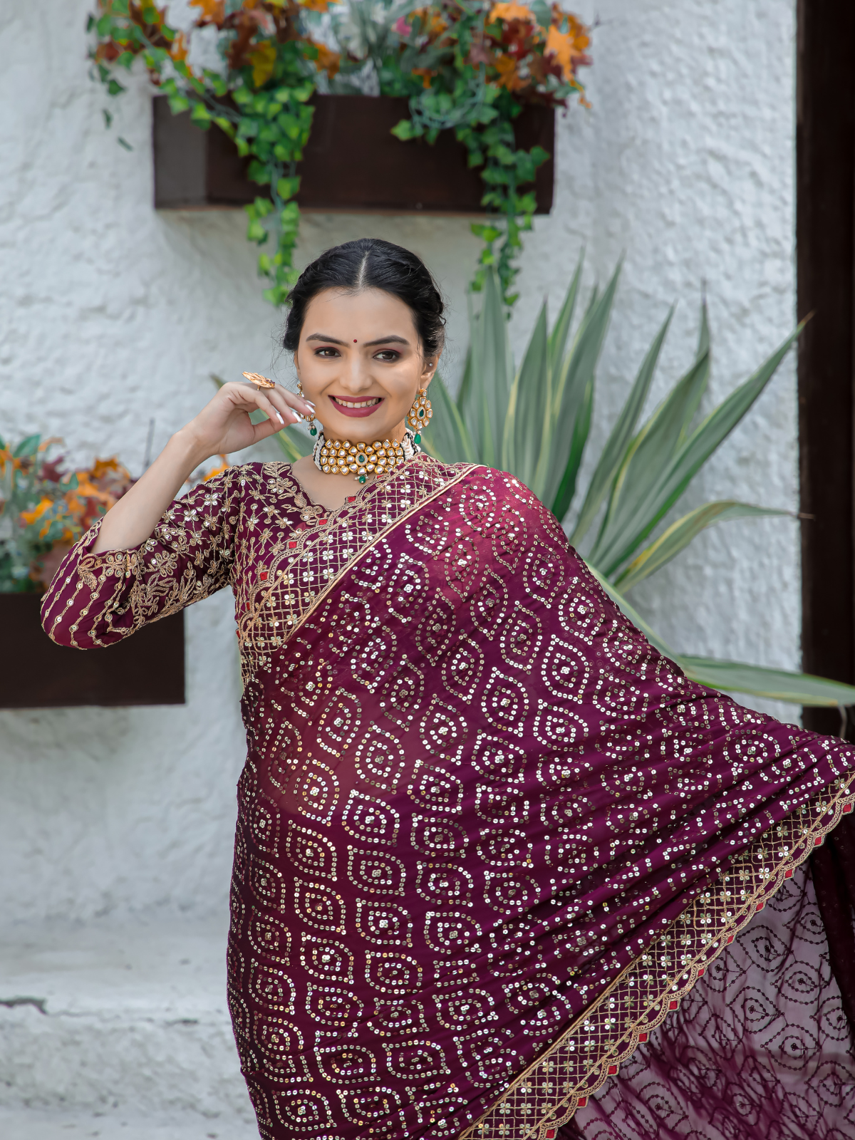 Odette Purple Georgette Saree with unstitched Blouse for Women
