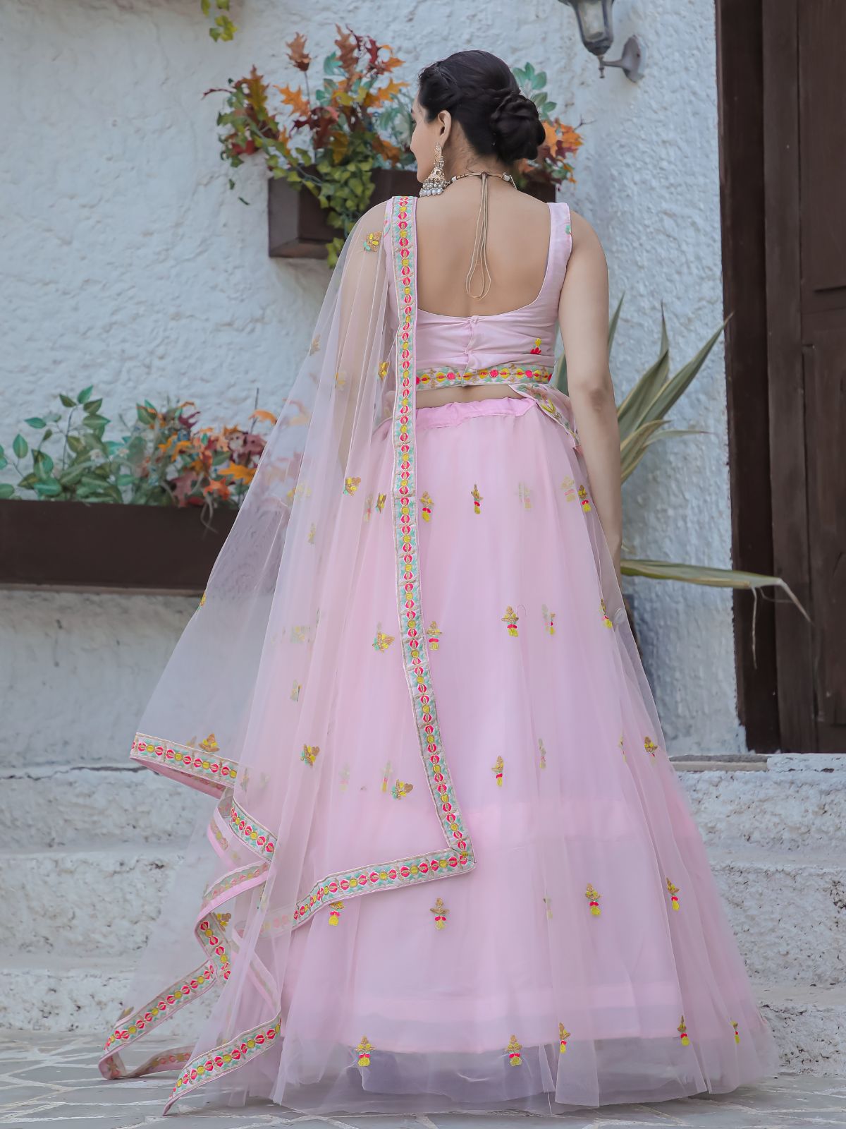 Odette Light Pink Net Embroidered Semi Stitched Lehenga with unstitched Blouse for Women