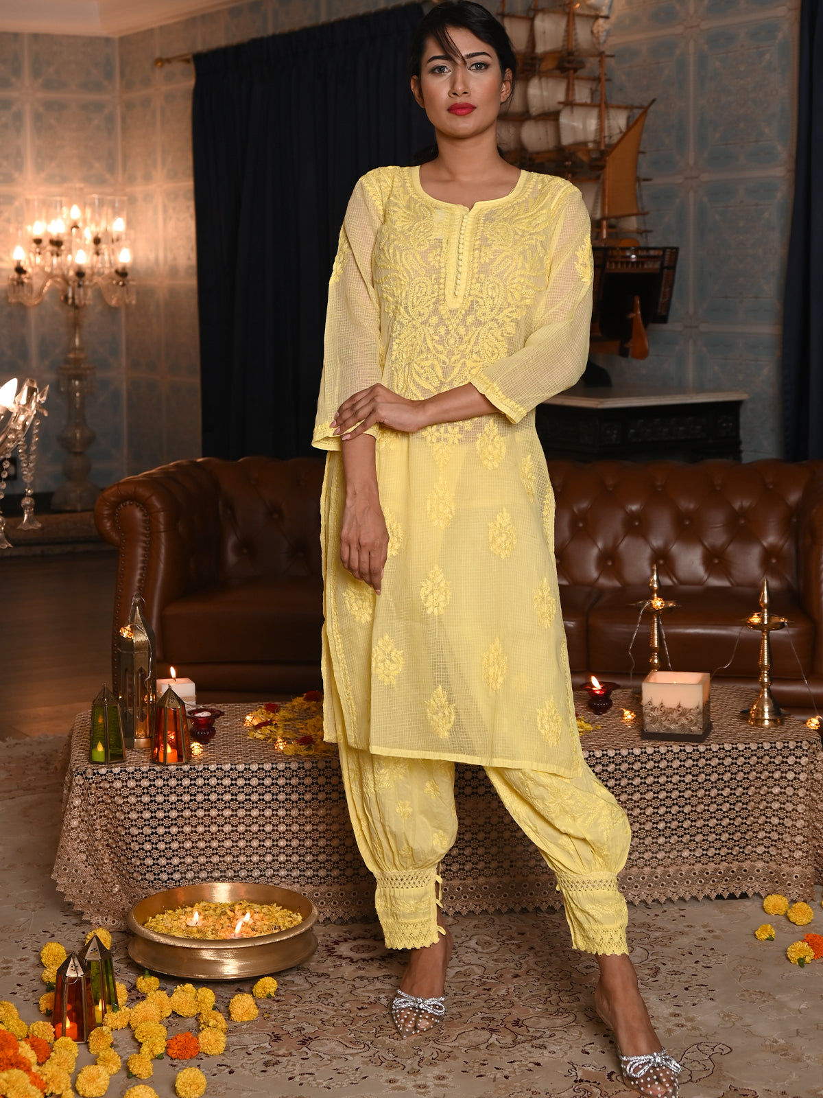 Odette Women Yellow Chequered Voile Chikankari Embroidered Stitched Kurta With Salwar