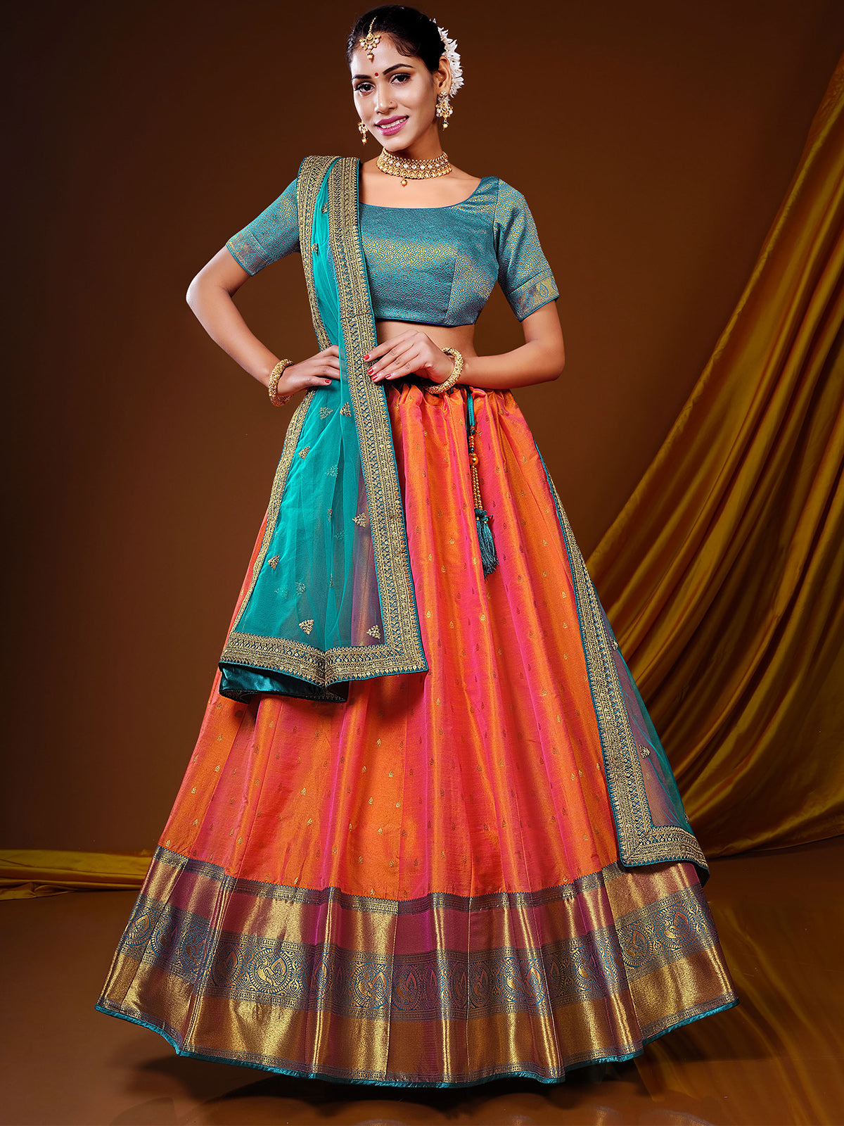 Buy Lace Art Silk Lehenga Choli In Navy Blue And Orange | Wedding Lehenga  Choli