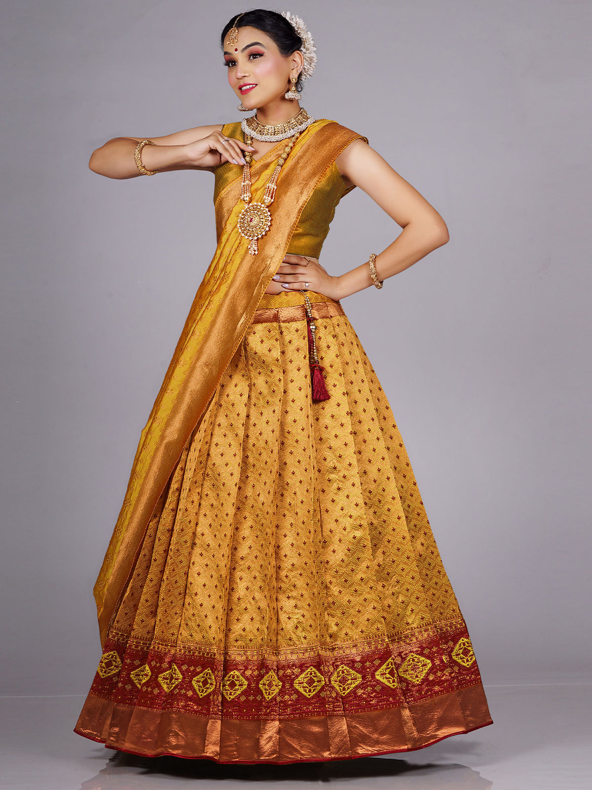 Yellow & Beige Designer Lehenga Saree | AalayaaOnline
