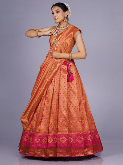 Odette Women Peach Silk Woven Semi Stitched Lehenga With Unstitched Blouse