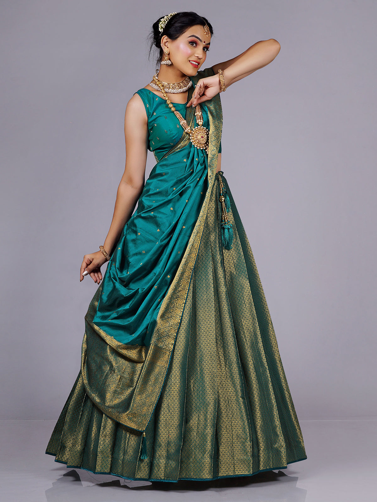 Odette Women Teal Silk Woven Semi Stitched Lehenga With Unstitched Blouse