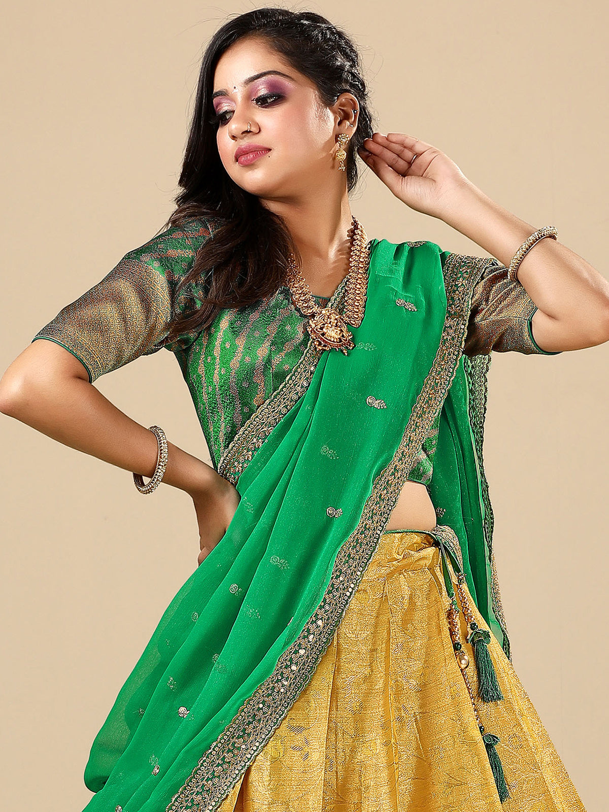 Green Ready to Wear Half Saree Lehenga in Jacquard Fabric South Indian  Lehenga in USA, UK, Malaysia, South Africa, Dubai, Singapore