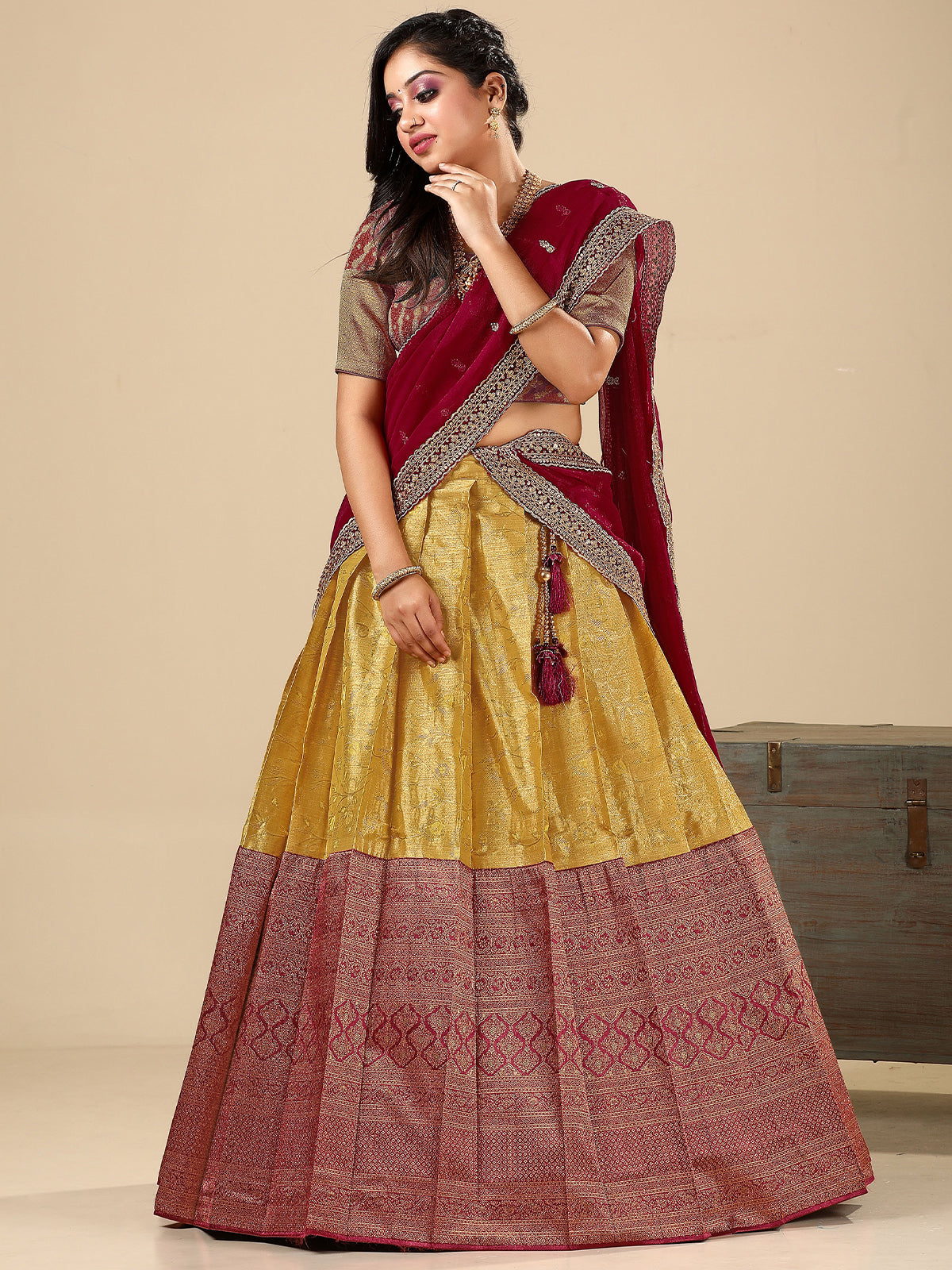 Maroon & Golden Semi-Stitched Myntra Bridal Lehenga & Unstitched Blouse  with Dupatta | Raw silk lehenga, Lehenga, Western outfits women
