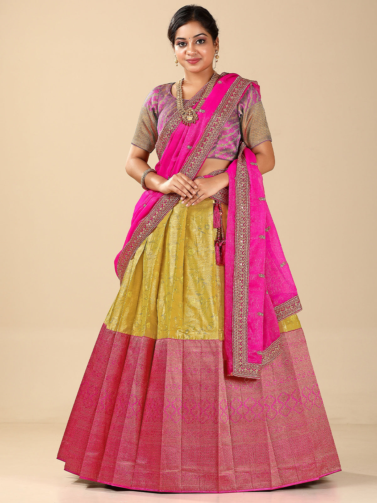 Odette Women Pink & Gold Silk Woven Semi Stitched Lehenga With Unstitched Blouse