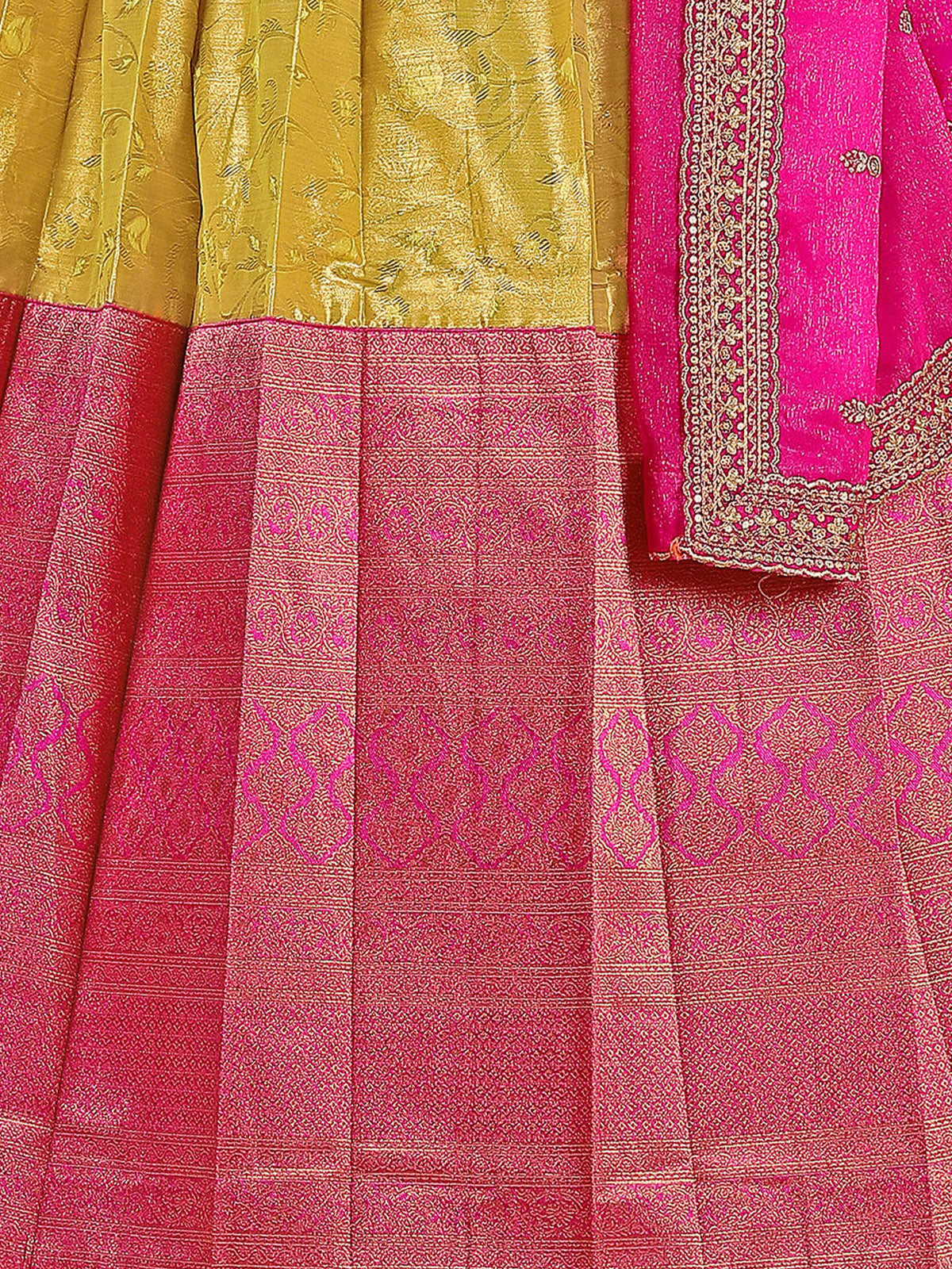 Odette Women Pink & Gold Silk Woven Semi Stitched Lehenga With Unstitched Blouse