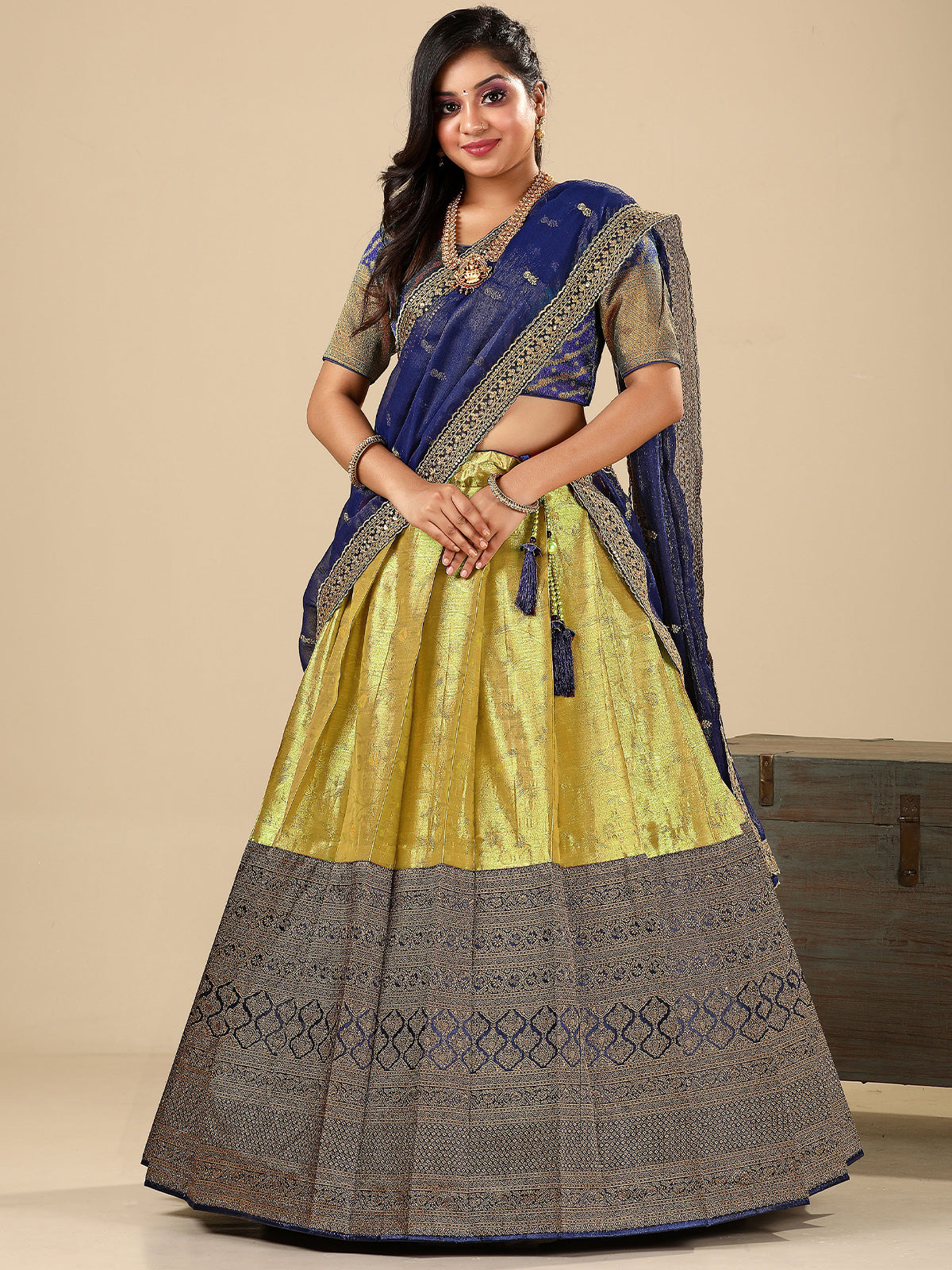 Odette Women Blue & Lime Silk Woven Semi Stitched Lehenga With Unstitched Blouse