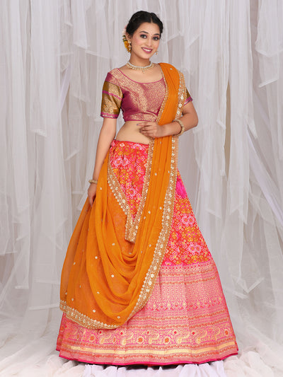 Odette Women Pink Silk Woven Semi Stitched Lehenga With Unstitched Blouse