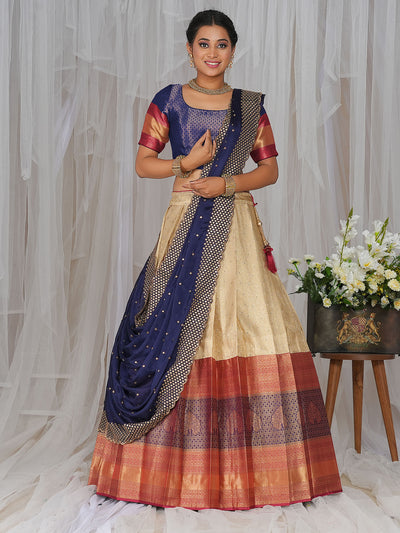 Odette Women Blue & Beige Silk Woven Semi Stitched Lehenga With Unstitched Blouse