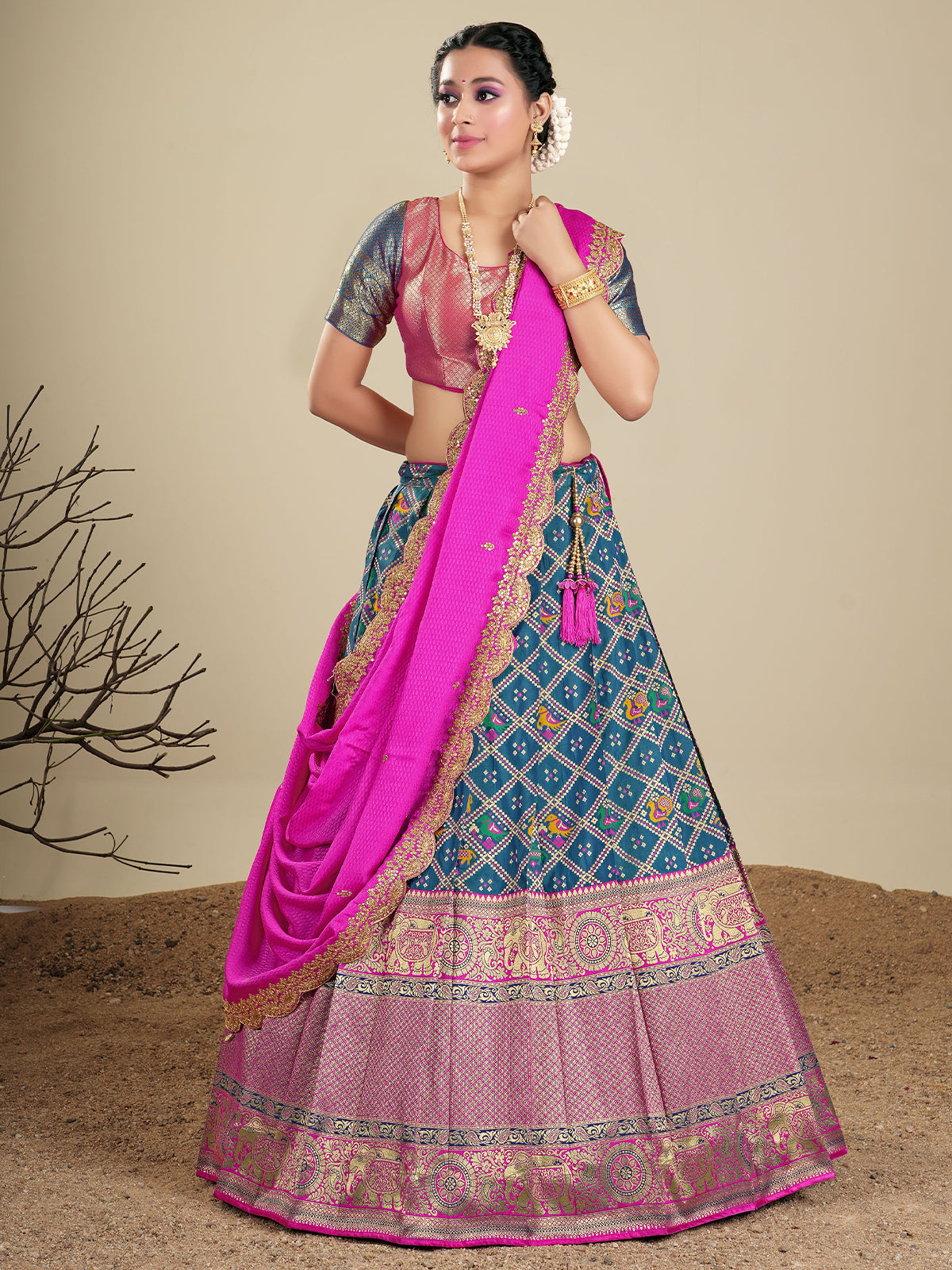 Odette Women Blue Silk Woven Semi Stitched Lehenga With Unstitched Blouse