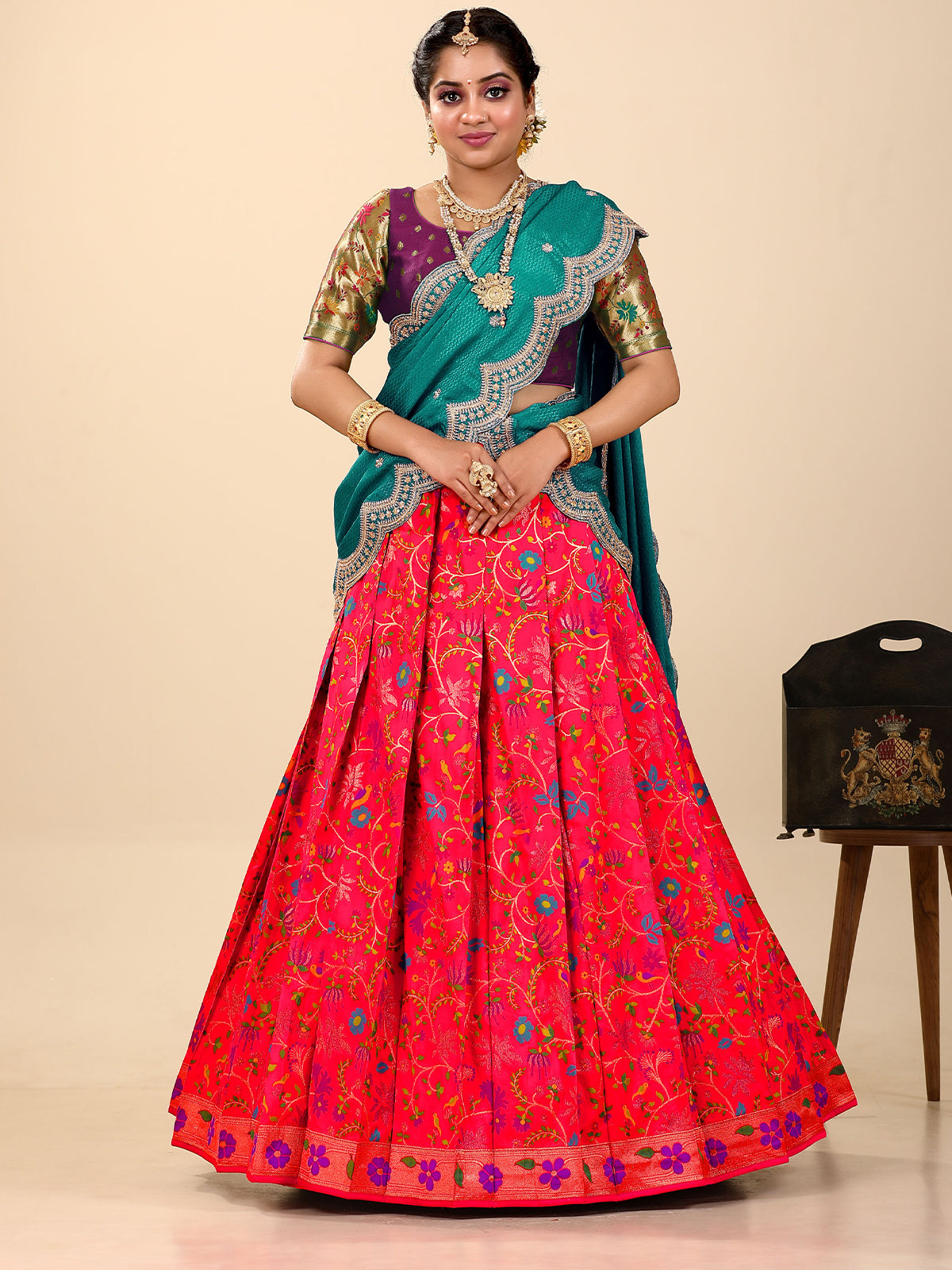Odette Women Red Silk Woven Semi Stitched Lehenga With Unstitched Blouse