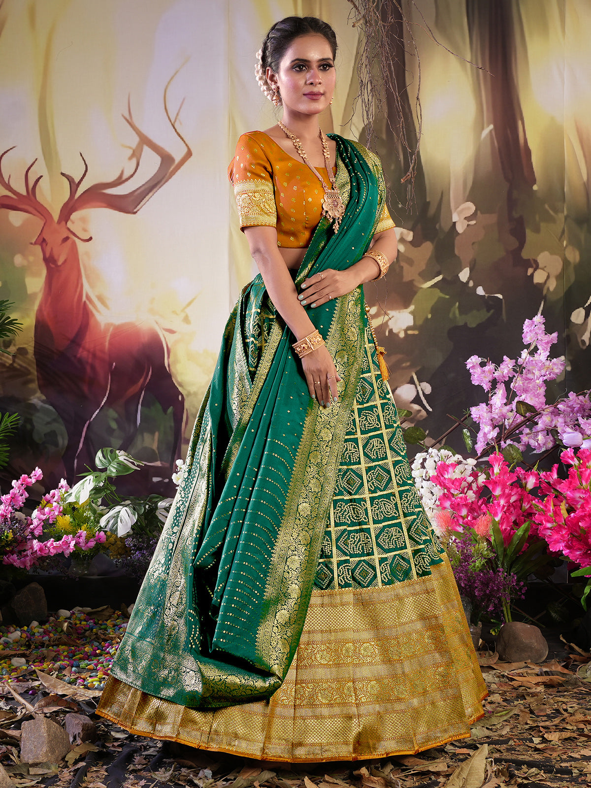 Buy Green Banarasi Embroidered Zari Work V Neck Floral Lehenga Set For  Women by Anjana Bohra Online at Aza Fashions.
