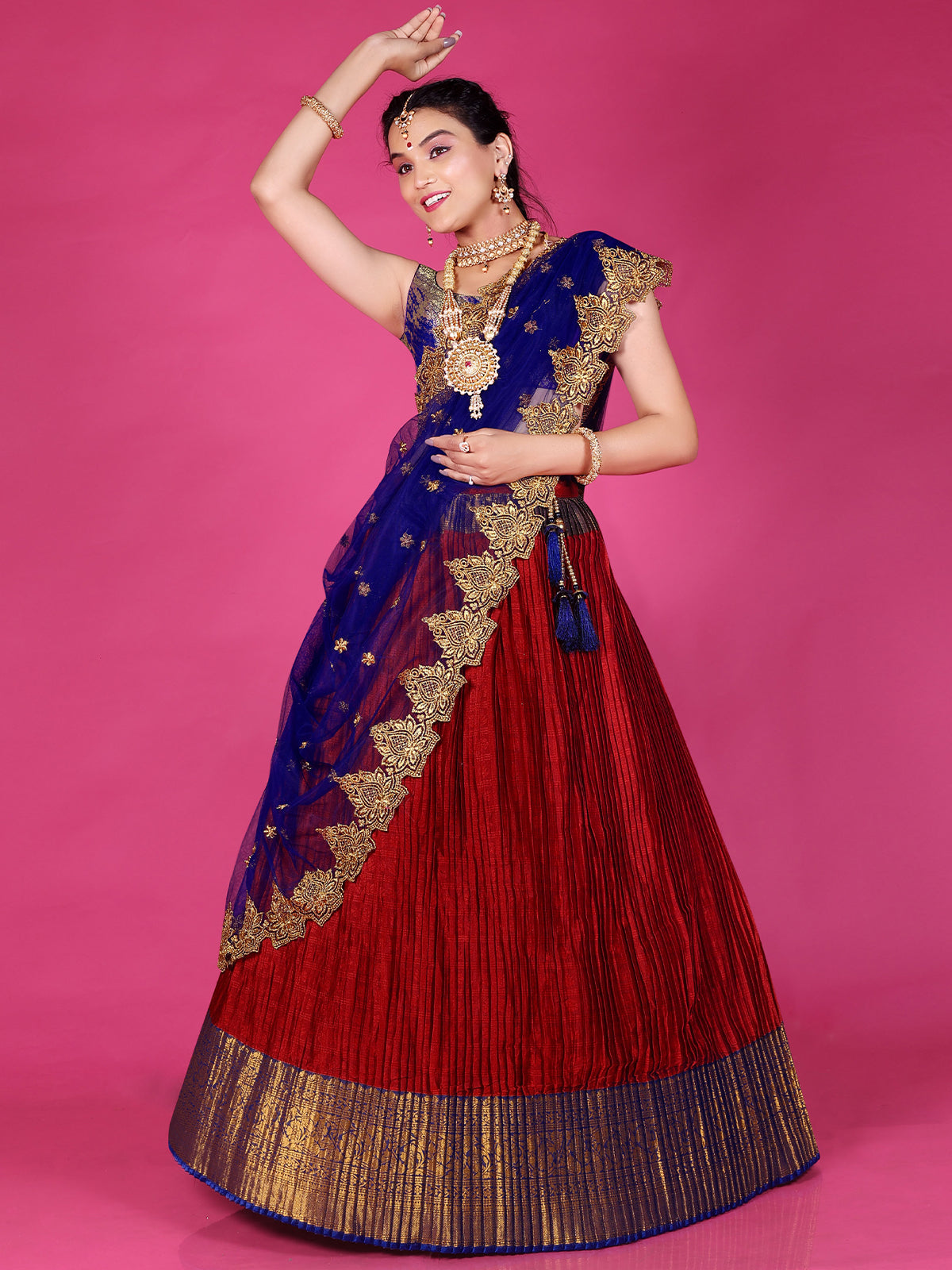 Blue Lehenga Set with Gaji Silk Bandhani Dupatta in Red – Naina Jain