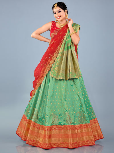 Odette Women Green Silk Woven Semi Stitched Lehenga With Unstitched Blouse