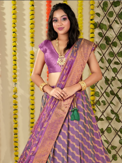 Odette Purple Banarasi Woven  Semi Stitched  Lehenga With Unstitched Blouse For Women