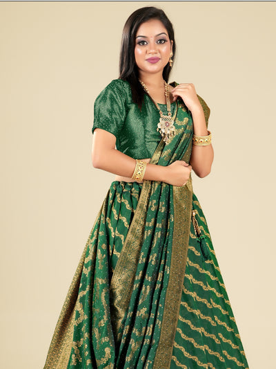 Odette Green Banarasi Woven  Semi Stitched  Lehenga With Unstitched Blouse For Women