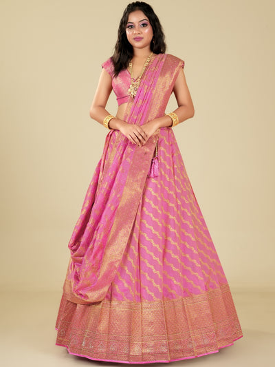 Odette Pink Banarasi Woven  Semi Stitched  Lehenga With Unstitched Blouse For Women