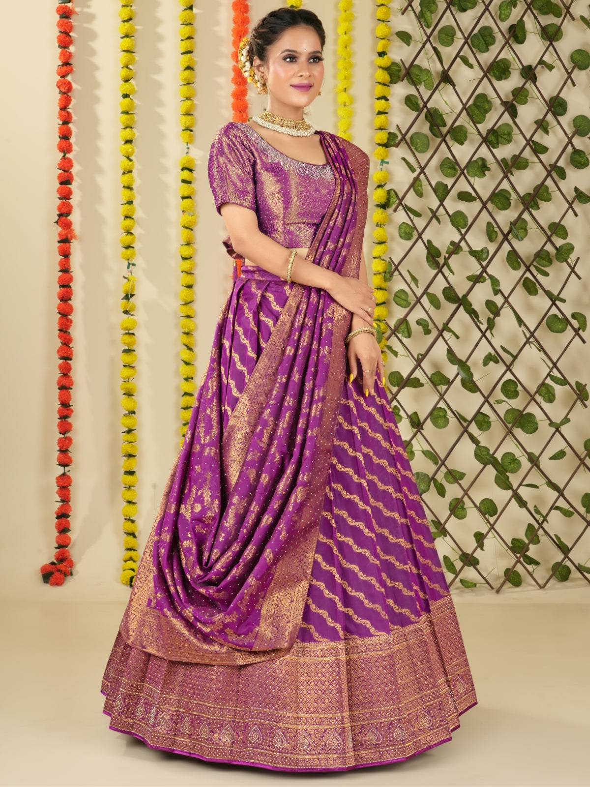 Odette Voilet Banarasi Woven  Semi Stitched  Lehenga With Unstitched Blouse For Women