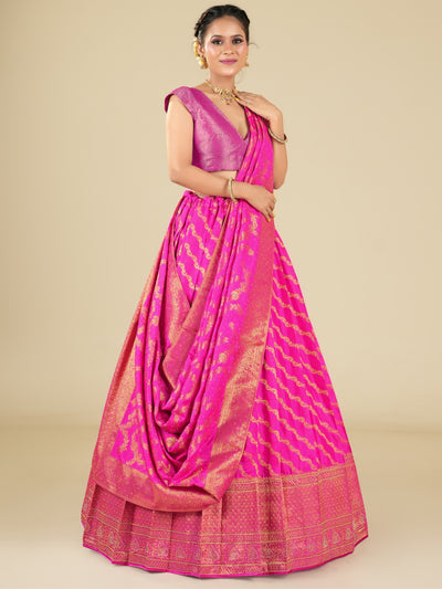 Odette Pink Banarasi Woven  Semi Stitched  Lehenga With Unstitched Blouse For Women