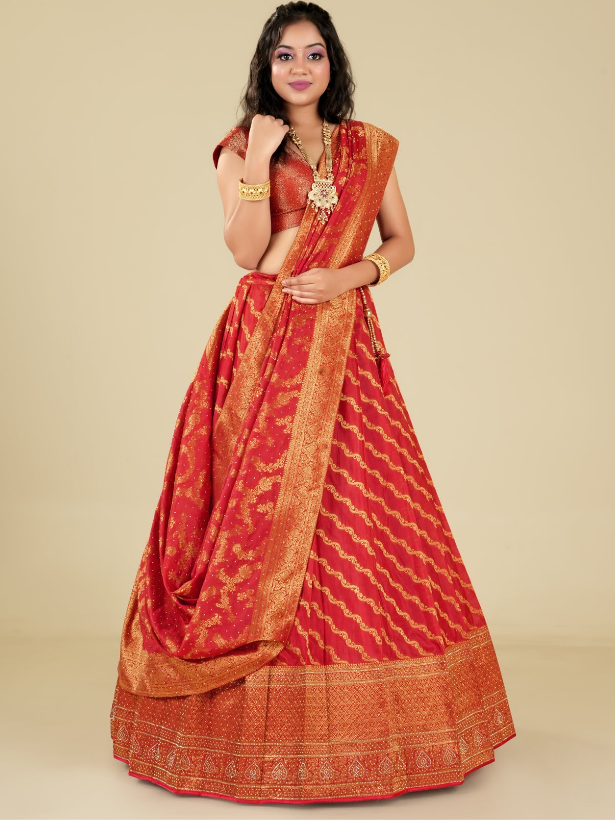 Odette Red Banarasi Woven  Semi Stitched  Lehenga With Unstitched Blouse For Women