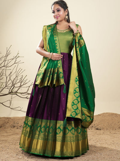 Odette Green and Violet Banarasi  Woven Stitched Gown for Women