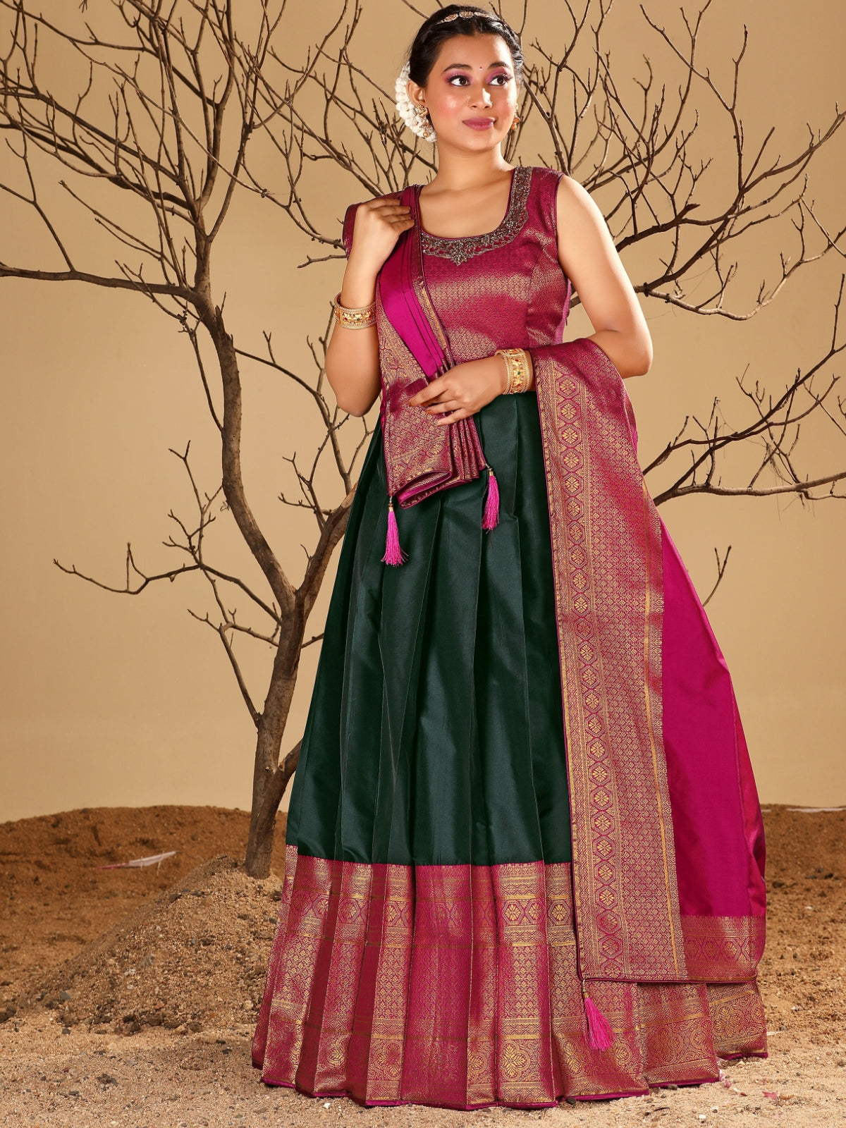 Odette Green  Banarasi  Woven Stitched Gown  for Women