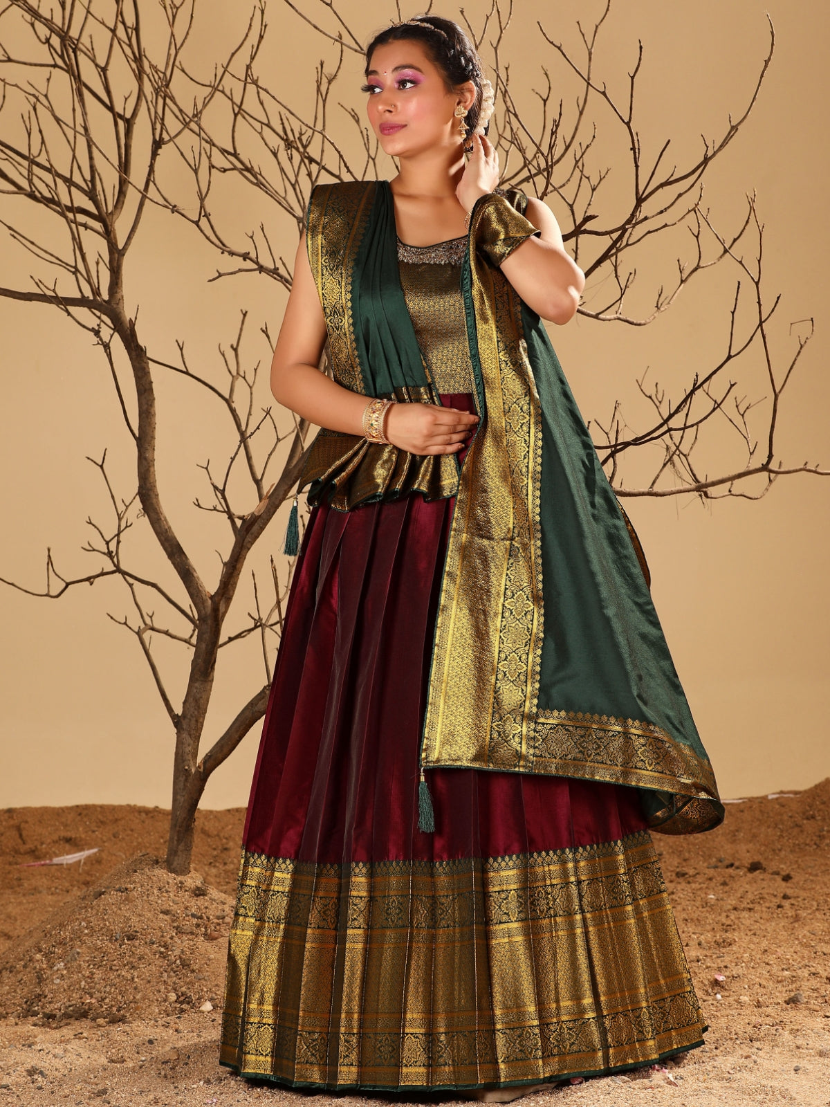Odette Maroon  Banarasi  Woven Stitched Gown  for Women