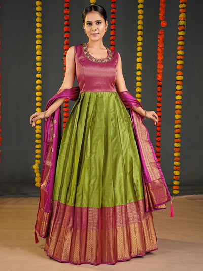 Odette Green Banarasi Silk Woven Stitched Gown  for Women