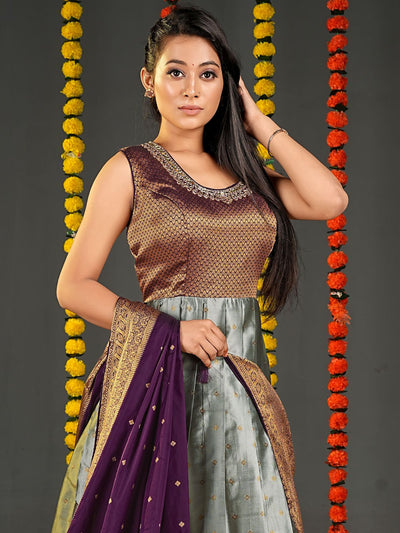 Odette Grey Banarasi Silk Woven Stitched Gown  for Women