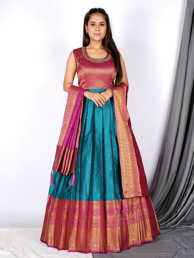 Odette Blue Banarasi Silk Woven Stitched Gown  for Women