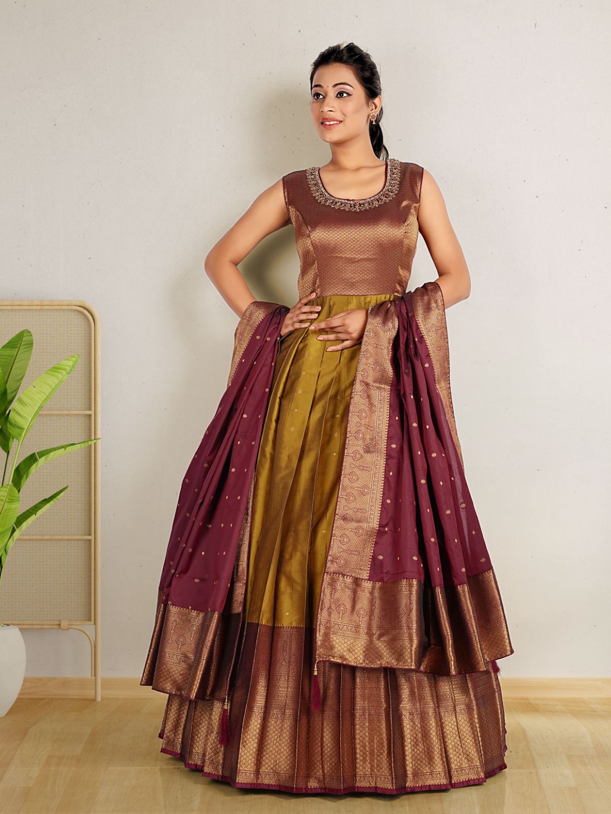 Odette Mustard Banarasi Silk Woven Stitched Gown  for Women