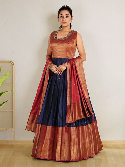 Odette Blue Banarasi Silk Woven Stitched Gown  for Women