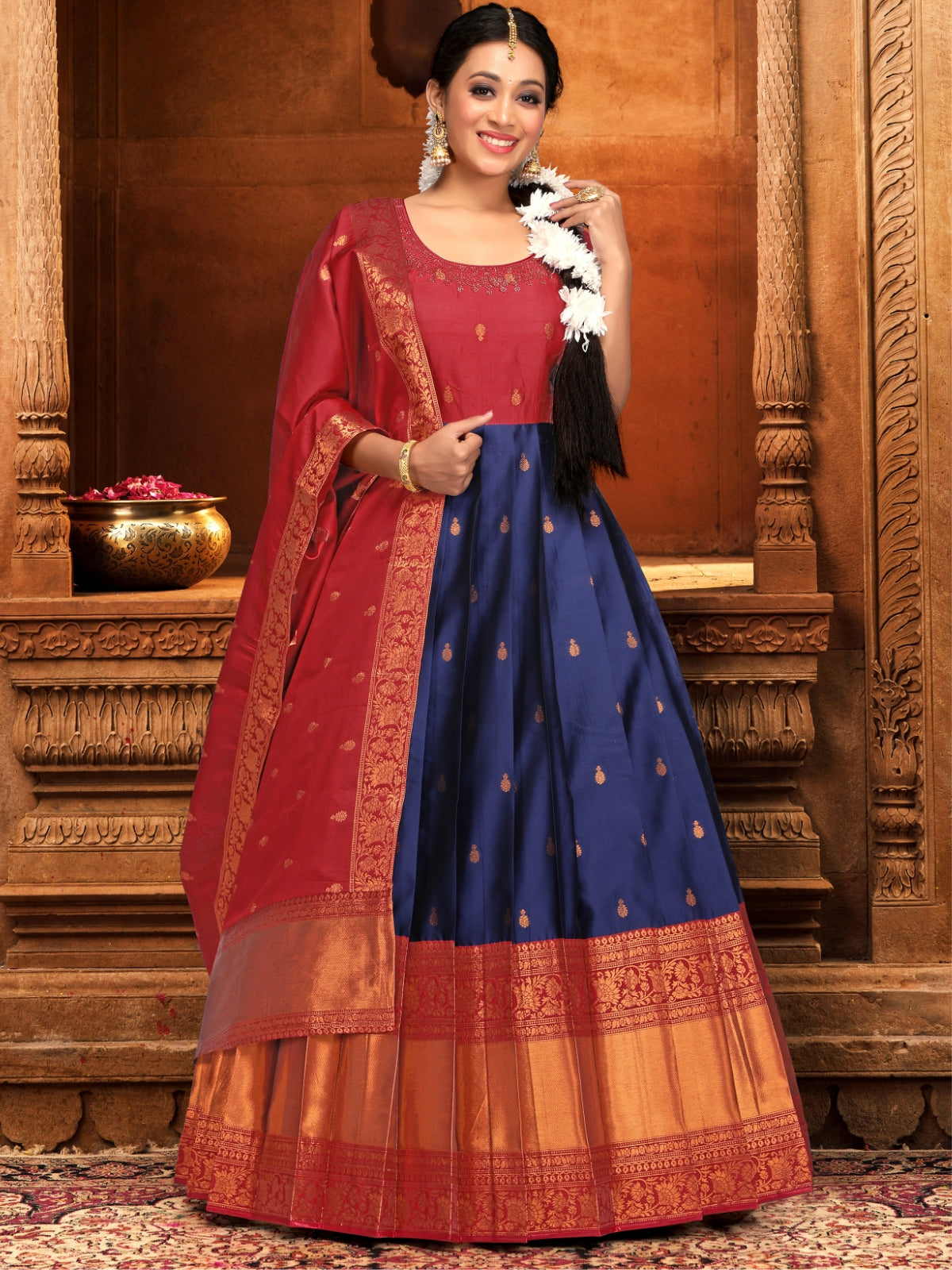 Odette Blue Banarasi  Woven Stitched Gown  for Women