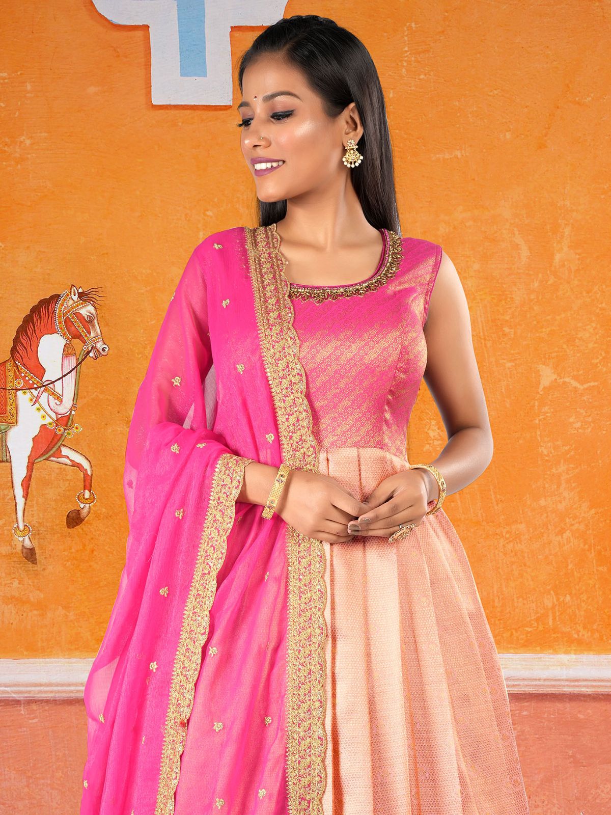 Odette Pink Banarasi Silk Woven Stitched Gown  for Women