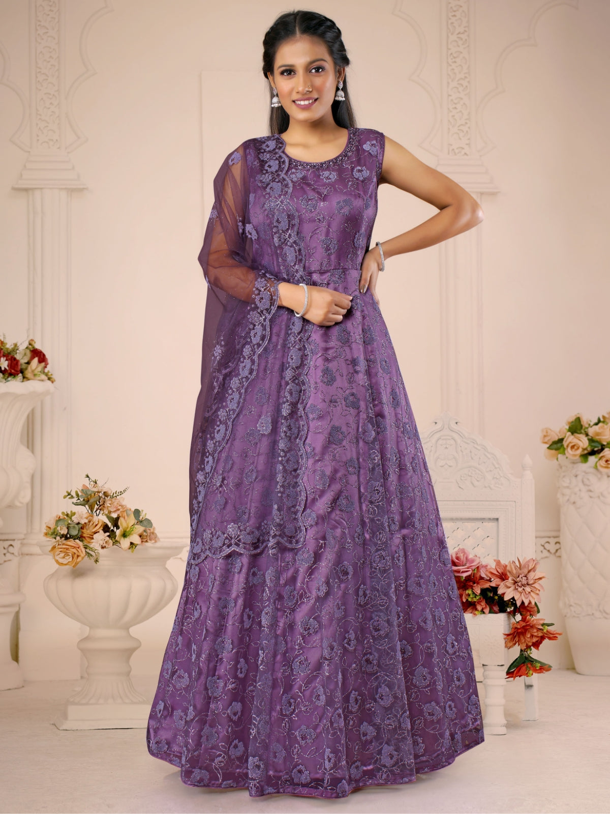 Odette Purple Net  Embroidered Stitched Gown  for Women
