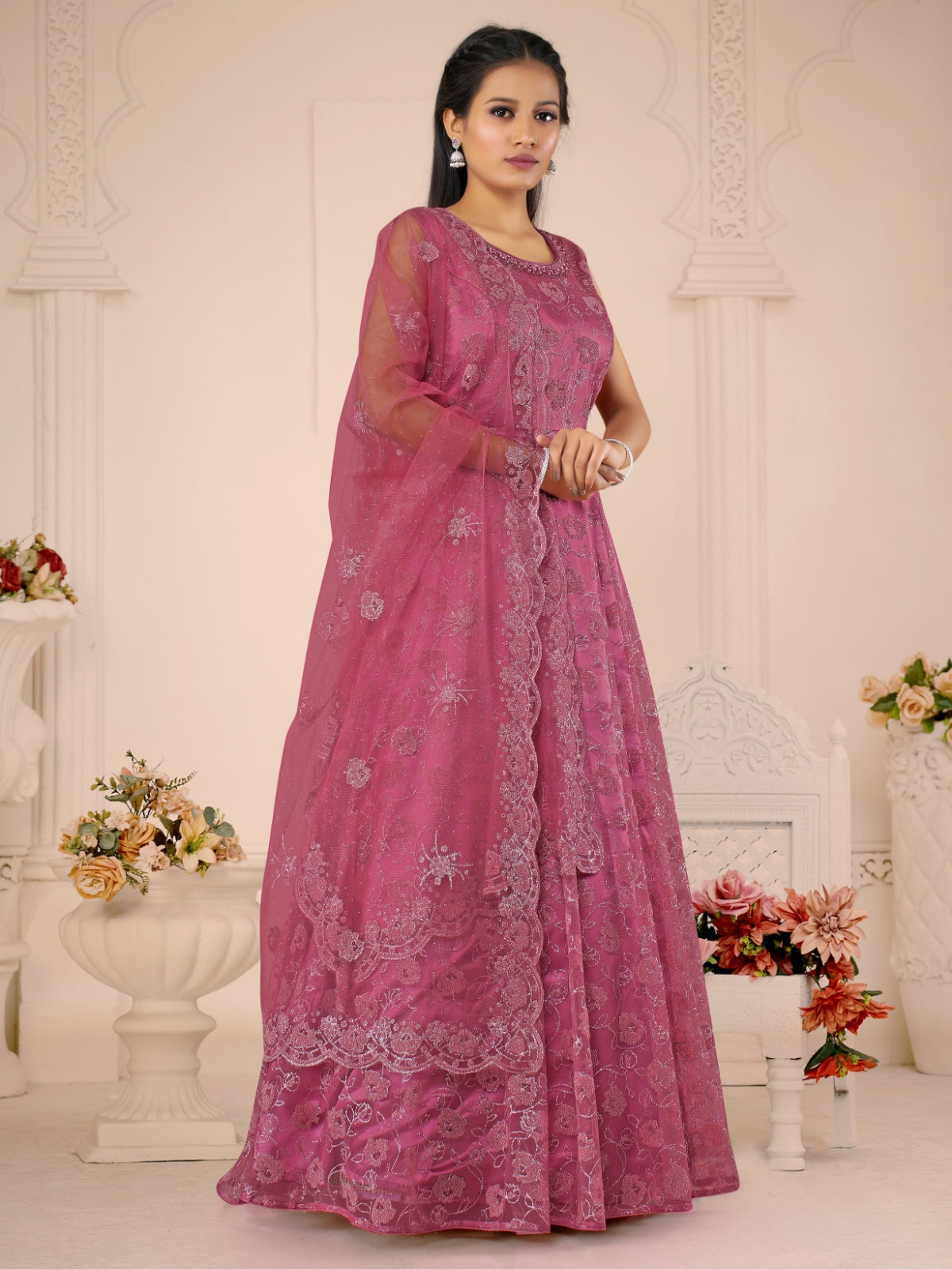Odette Pink Net  Embroidered Stitched Gown  for Women