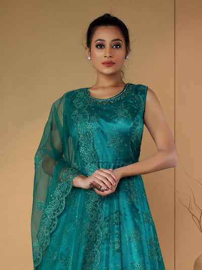Odette Teal Net  Embroidered Stitched Gown  for Women